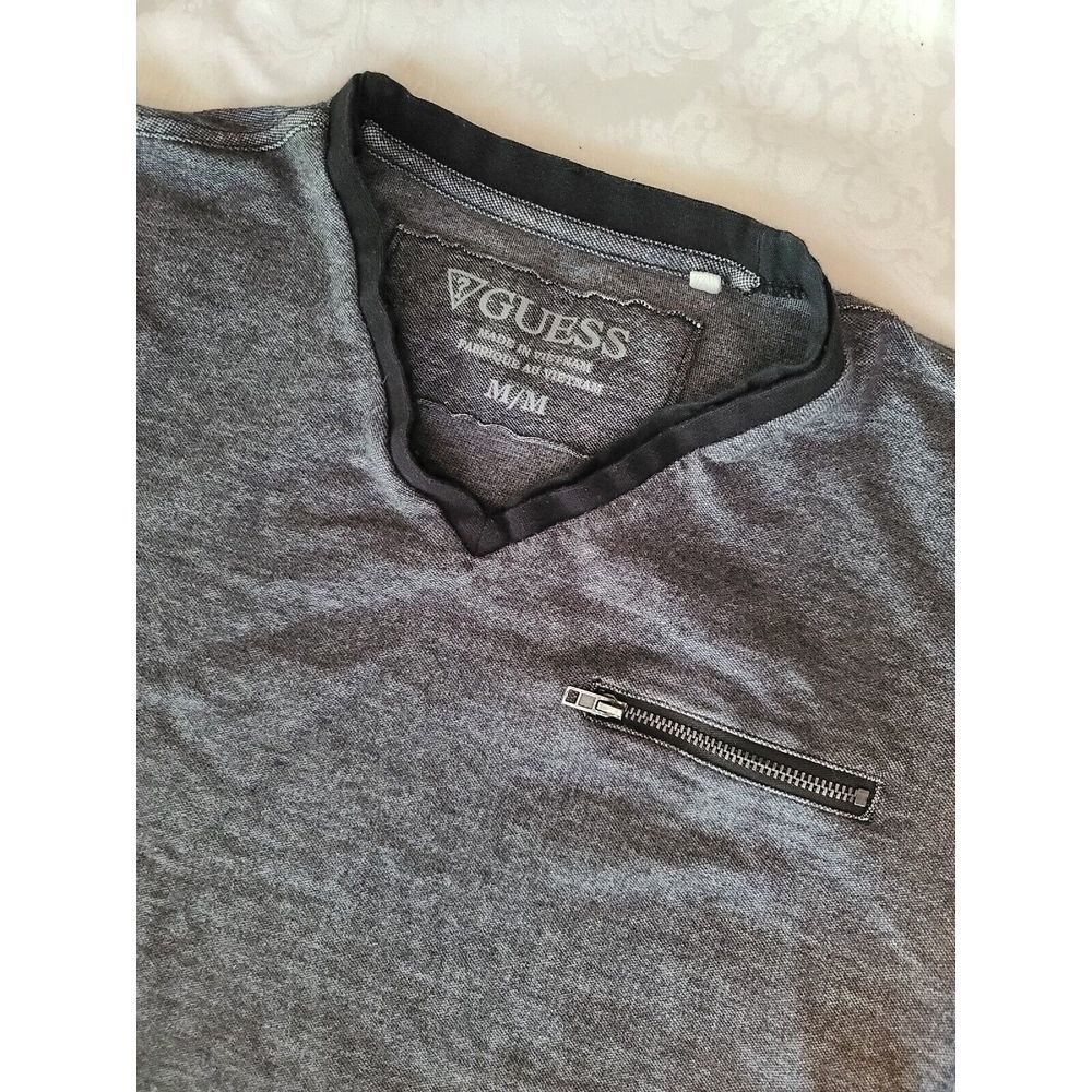 GUESS Charcoal Gray & Black V Neck T-Shirt ZIPPERED Front‎ Medium EXCELLENT - Picture 3 of 8